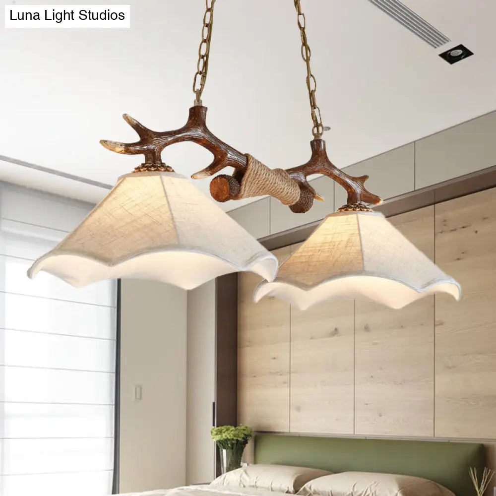 DecorBites™ Traditional Bell Ceiling Lamp: 2-Bulb Bedroom Island Light Fixture with Antler Arm in Flaxen Fabric