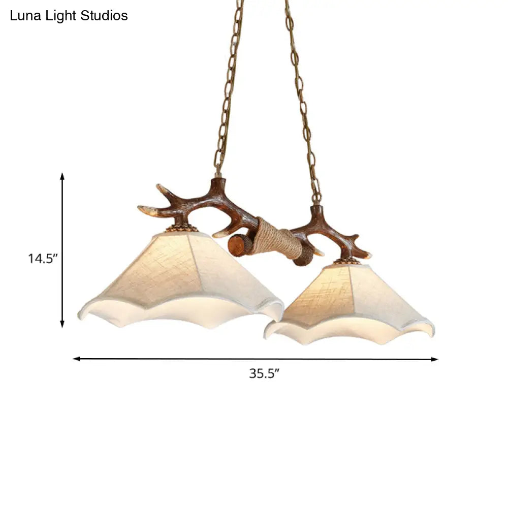 DecorBites™ Traditional Bell Ceiling Lamp: 2-Bulb Bedroom Island Light Fixture with Antler Arm in Flaxen Fabric
