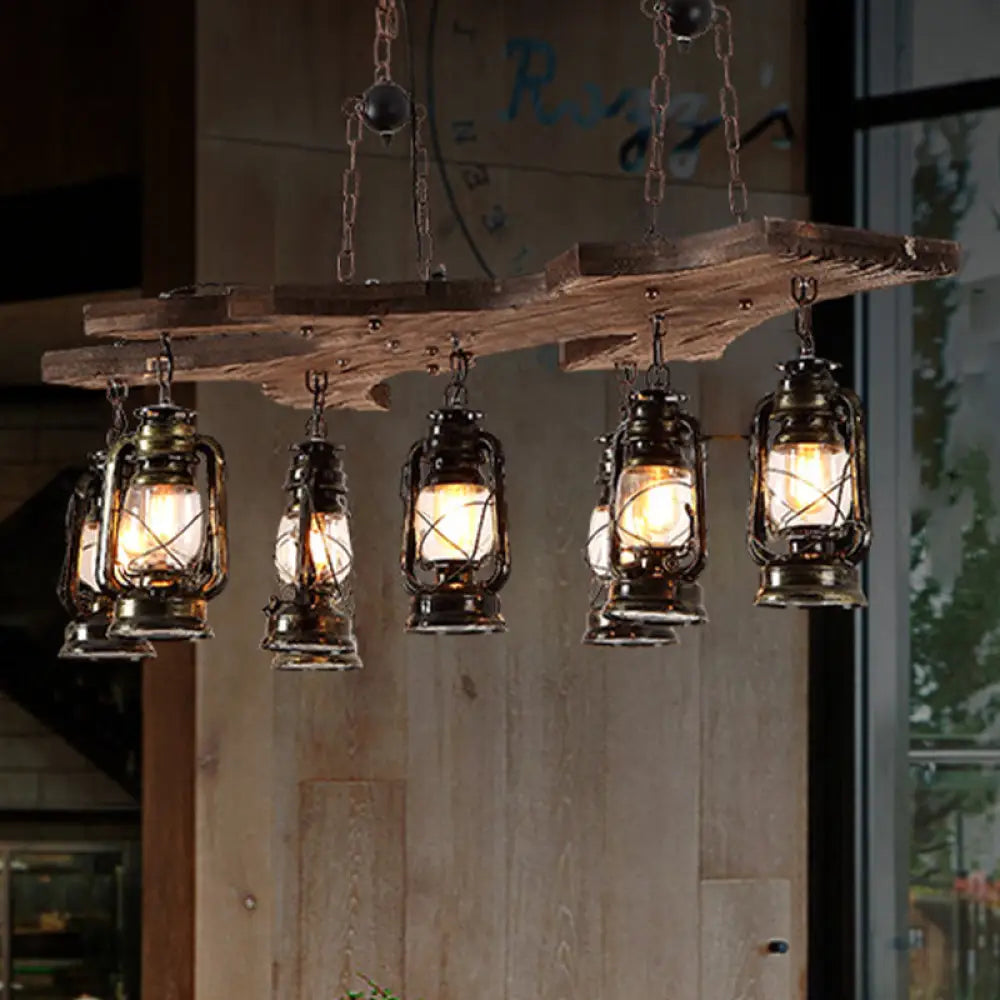 Vintage Industrial 8-Light Linear Chandelier with Lantern Shade in Antique Brass