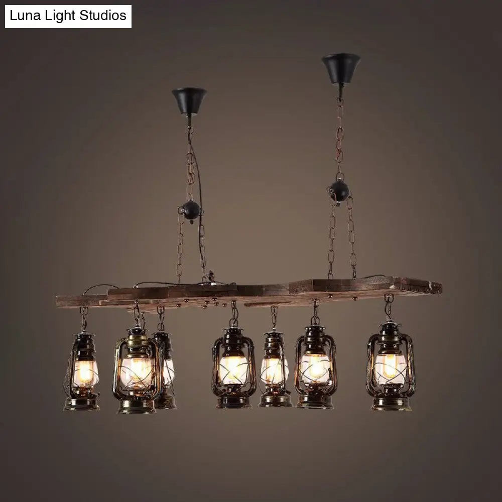 Vintage Industrial 8-Light Linear Chandelier with Lantern Shade in Antique Brass