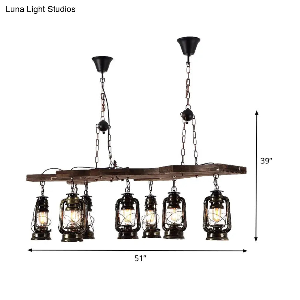 Vintage Industrial 8-Light Linear Chandelier with Lantern Shade in Antique Brass
